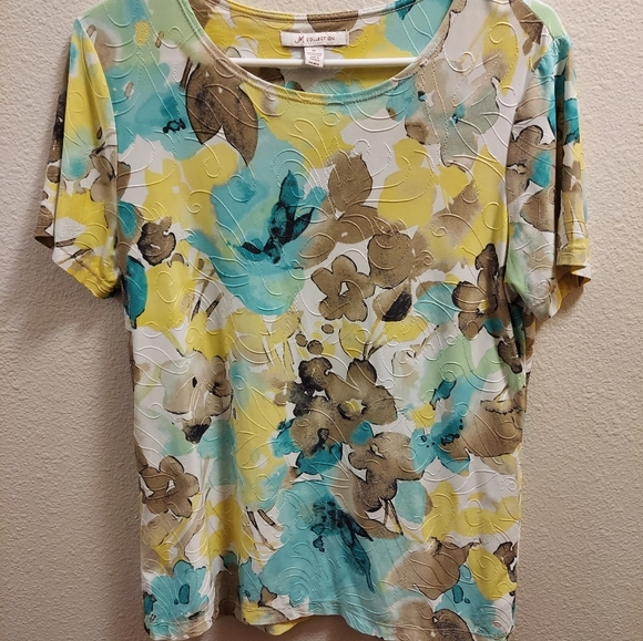 JM Collection Women's Floral Top Yellow Aqua White Career Work Short Sleeve Med - Picture 1 of 6